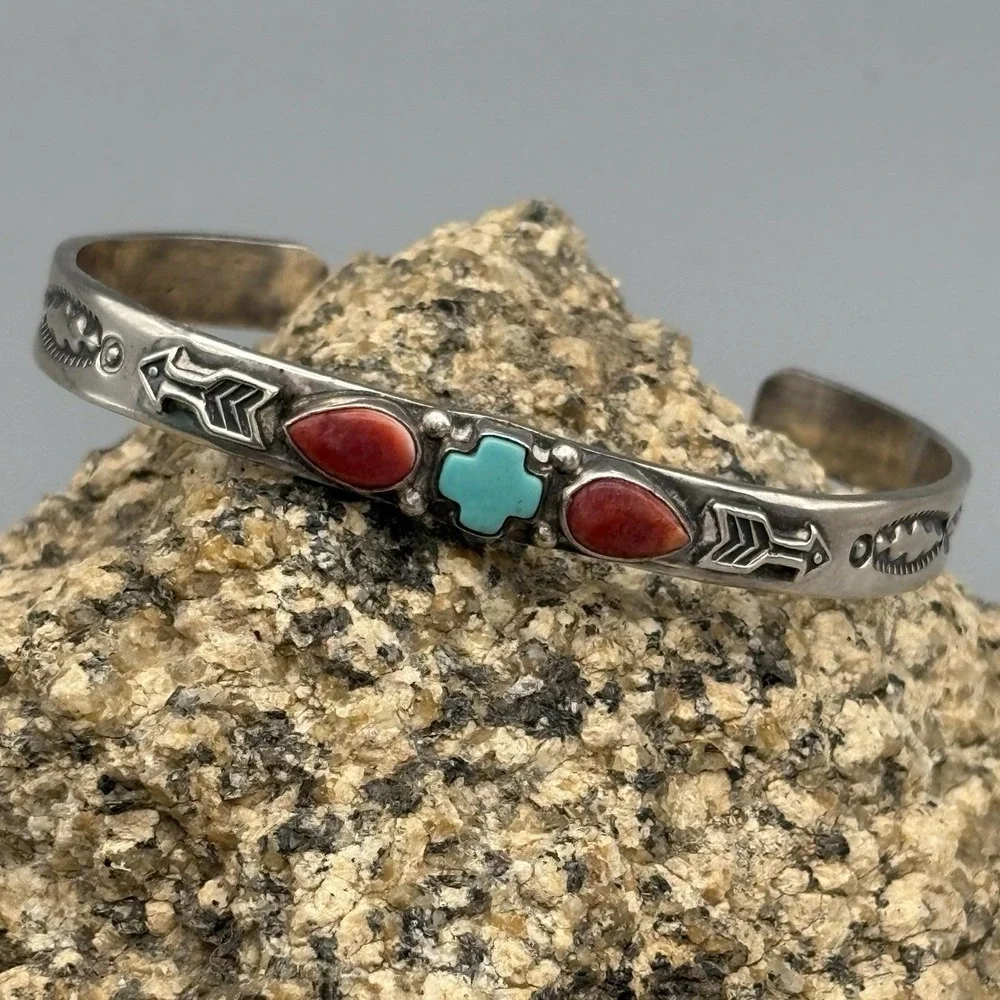 Native American Sterling Silver Cuff Bracelet Albert Jake Turquoise Spiny Oyster